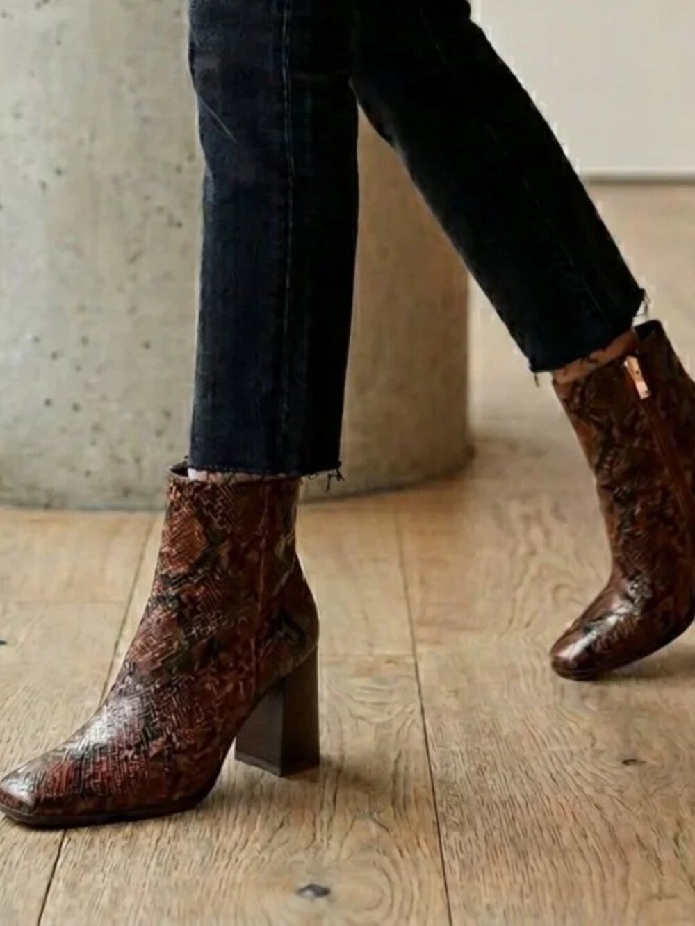 Brown booties faux alligator high heeled booties stacked block heel size 7